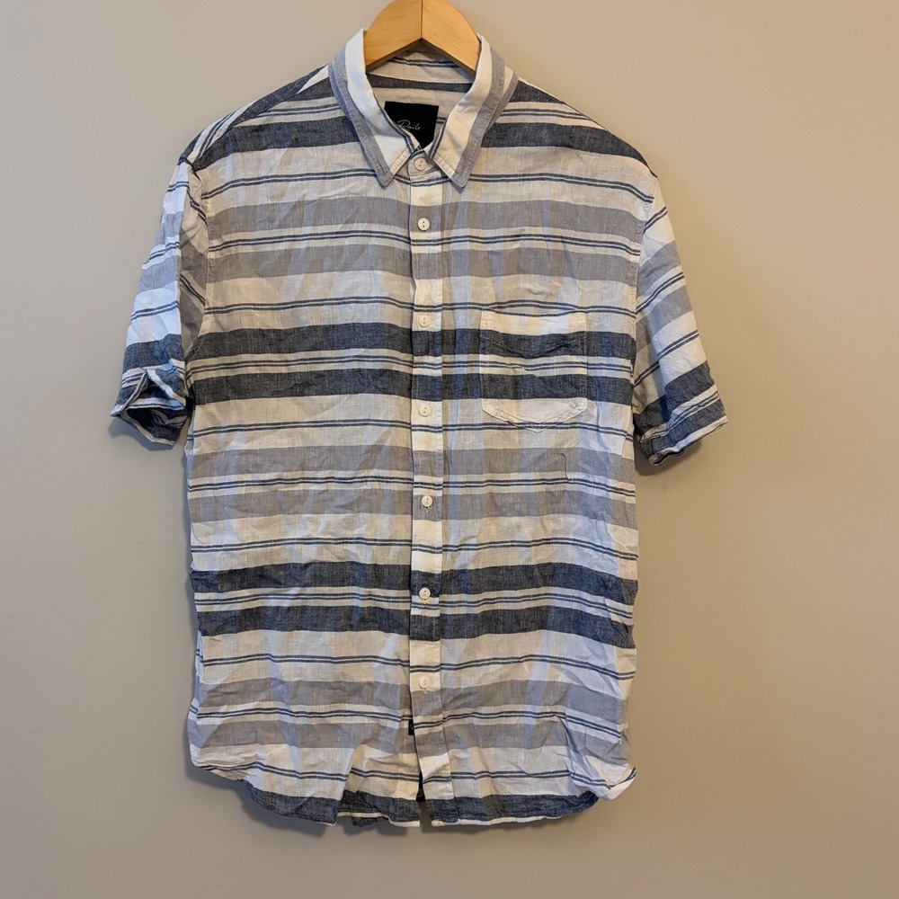 Rails Carson Mens Large Navy Grey White Striped Linen Blend Short Sleeve Shirt